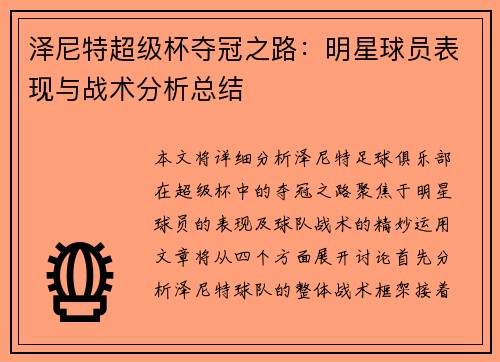 泽尼特超级杯夺冠之路:明星球员表现与战术分析总结 泽尼特超级杯夺冠之路:明星球员表现与战术分析总结